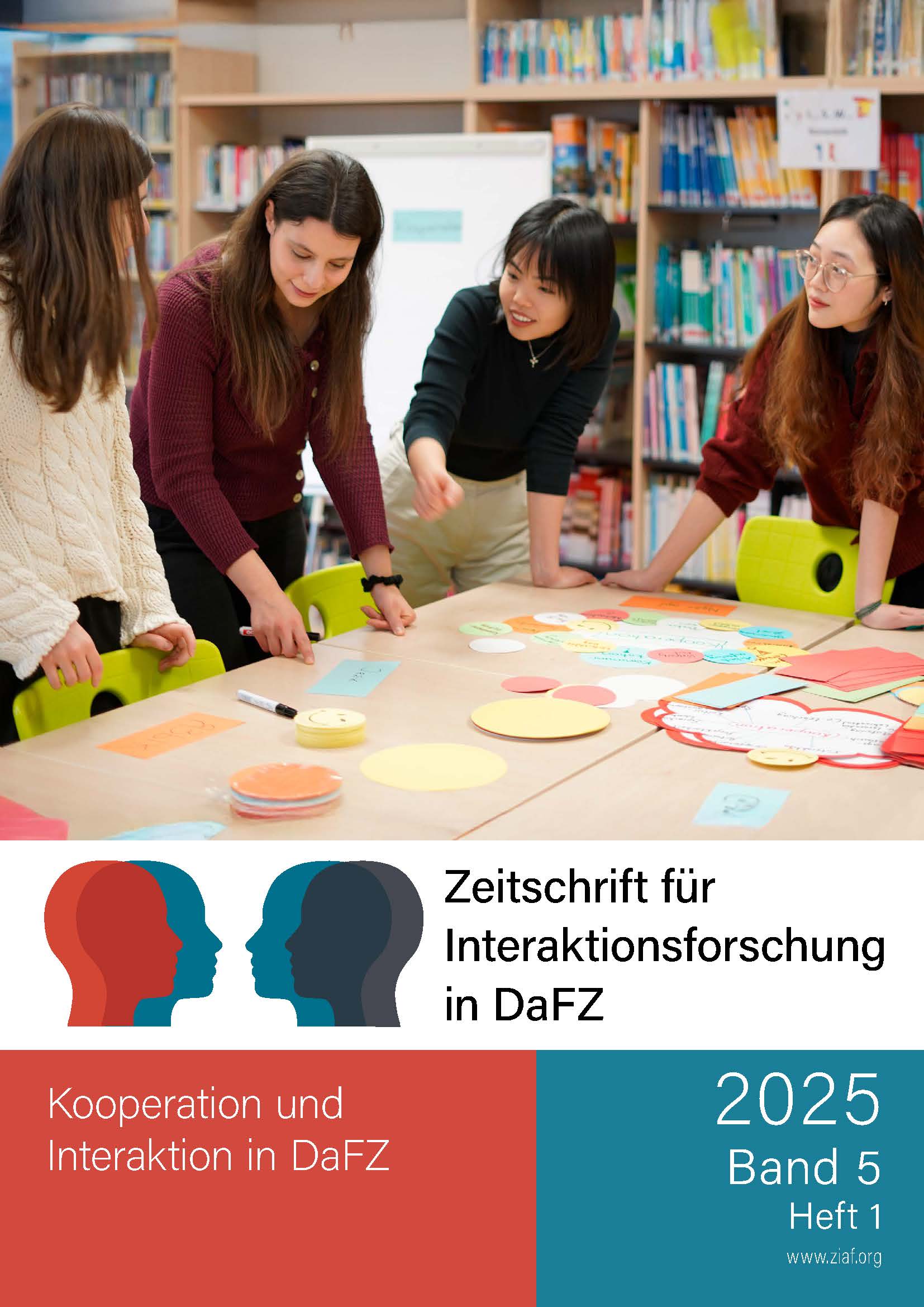 DaFZ-Studierende bei einer GruppenarbeitThe contributions in the fifth issue of ZIAF explore the relationship between cooperation and interaction in a wide range of contexts of guided and unguided foreign and second language acquisition. The studies examine cooperative practices in institutional and non-institutional, analogue and digital learning environments, showing how learners and teachers of German as a foreign or second language negotiate and co-construct knowledge, linguistic competencies, and social relationships. They offer insights into interactional processes in pair and group work, assessment situations, virtual exchange, game-based activities, and team teaching. The articles discuss the role of multilingual resources, intersubjectivity, and targeted support practices in the success of cooperative arrangements, and how digital tools and AI-based interaction formats can create new learning opportunities.
